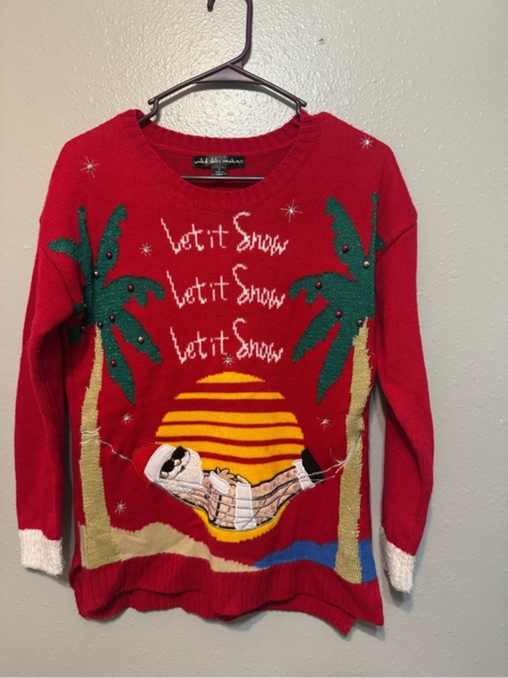 Let It Snow Red Novelty Sweater with Palm Tree Santa - Unbranded